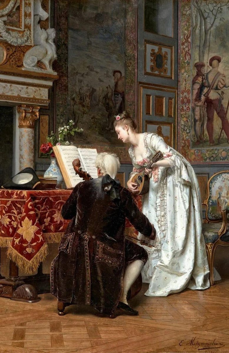 🎨 French painter master of genre scenes and portraits:

Emile Pierre Metzmacher [1815-1890].
Style: Romanticism, Gallant Age 'Music Lesson', 1874.
Execution: oil, canvas.