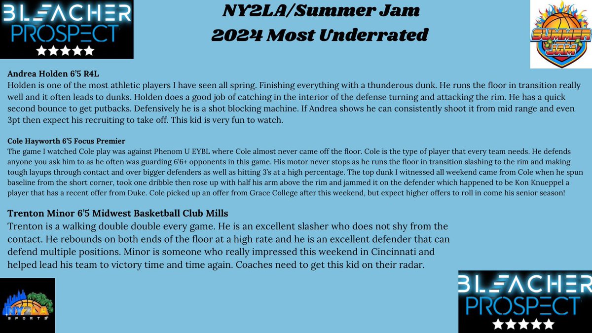 Bleacher Prospect (@bleacherprospec) on Twitter photo 2024 Underrated Players from NY2LA/ Ohio Basketball Summer Jam.
<a href="/ny2lasports/">NY2LA SPORTS</a> <a href="/Ohio_Basketball/">OhioBasketball.com</a> <a href="/andreaholden24/">Andrea Holden</a> <a href="/colehayworth/">Cole Hayworth</a> <a href="/TrentonMinor1/">Trent Minor</a> <a href="/Team_FocusBB/">Team Focus Basketball</a> <a href="/R4L_2024/">R4L_2024</a> <a href="/Pumas2024/">Midwest Basketball Club 2024 Mills/Echelberry</a> <a href="/MidwestBBClub/">Midwest Basketball Club</a> @MBCgrassroots 2024 Underrated Players from NY2LA/ Ohio Basketball Summer Jam.
<a href="/ny2lasports/">NY2LA SPORTS</a> <a href="/Ohio_Basketball/">OhioBasketball.com</a> <a href="/andreaholden24/">Andrea Holden</a> <a href="/colehayworth/">Cole Hayworth</a> <a href="/TrentonMinor1/">Trent Minor</a> <a href="/Team_FocusBB/">Team Focus Basketball</a> <a href="/R4L_2024/">R4L_2024</a> <a href="/Pumas2024/">Midwest Basketball Club 2024 Mills/Echelberry</a> <a href="/MidwestBBClub/">Midwest Basketball Club</a> @MBCgrassroots