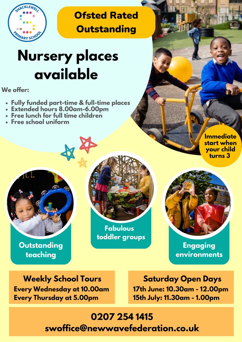 🎉 We are looking forward to our Nursery Open Day this Saturday morning.  

👧🏽Open for all members of the community who are interested in what our fantastic nursery has to offer.  

🗓️No need to book- come along between 11:30am and 1:00pm.
