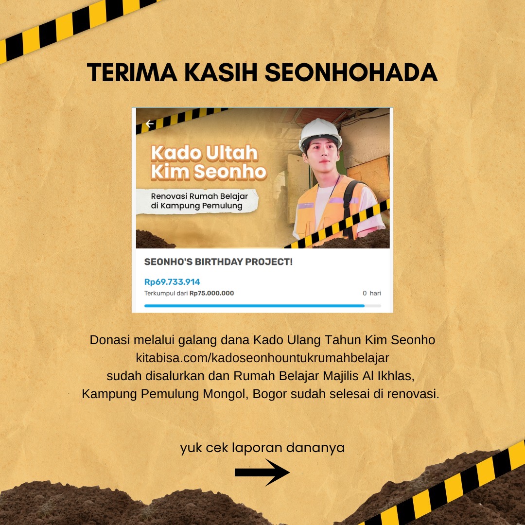 👷‍♀️Kabar Baik dari Kami👷‍♀️

Halo Seonhohada! 

Kami ingin mengucapkan terima kasih banyak ya buat kalian semua yang telah berdonasi buat ikut birthday project “Babang Seonho Membangun Rumah Belajar!”

#KimSeonHo #김선호