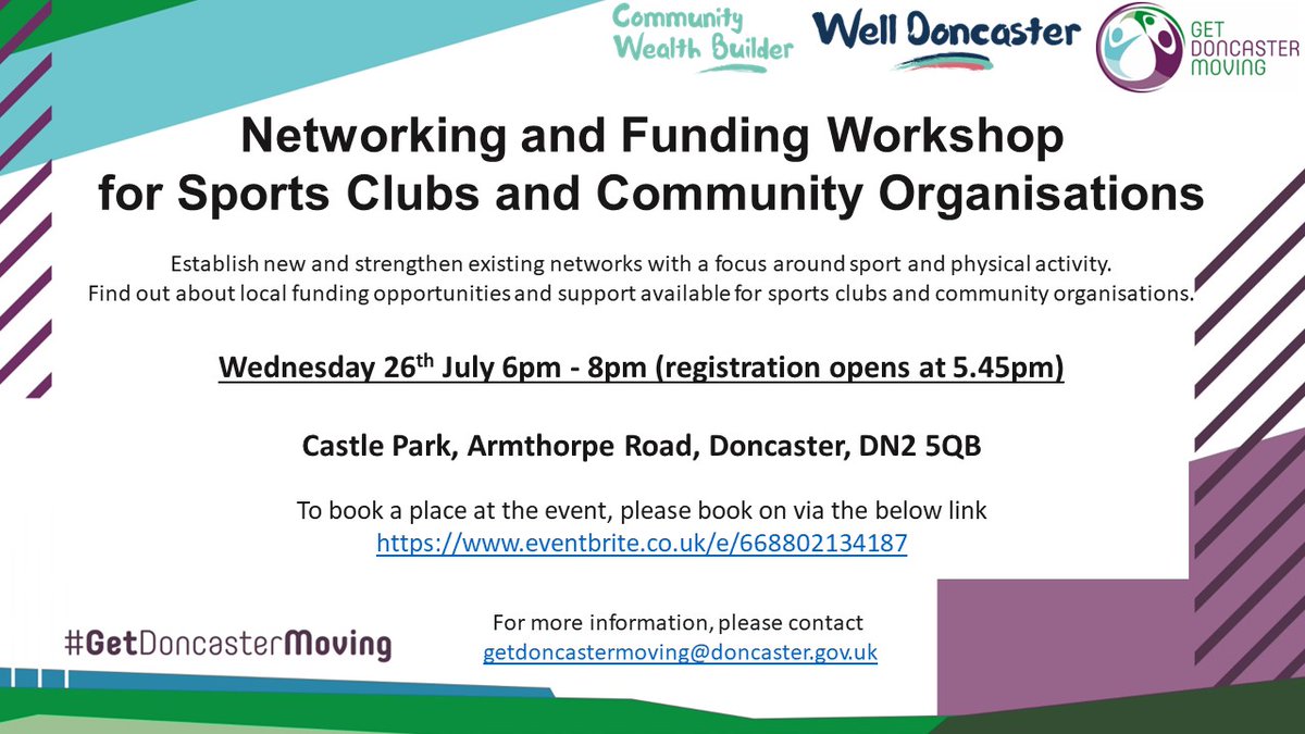 Let's work together to #GetDoncasterMoving Sports clubs and community groups are warmly invited to a workshop on 26th July, to find out more about local funding opportunities and support available, with a focus on physical activity and sport. Great networking opportunities too!
