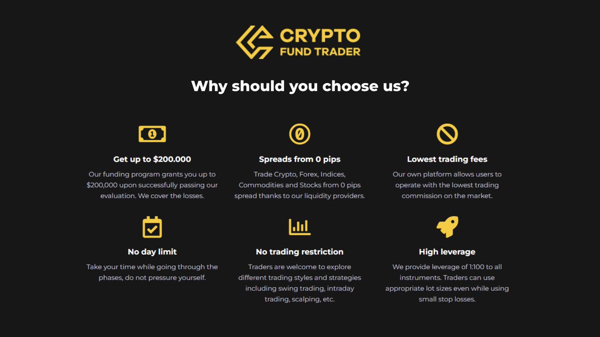 CFTradercom's tweet photo. Welcome to Crypto Fund Trader! 
We are the first prop-firm focused towards cryptocurrencies with the best conditions for the trader. Lowest commisions, low spread (from 0 pips) and high leverage for any type of trading strategy. https://t.co/Z8P59jUAvY