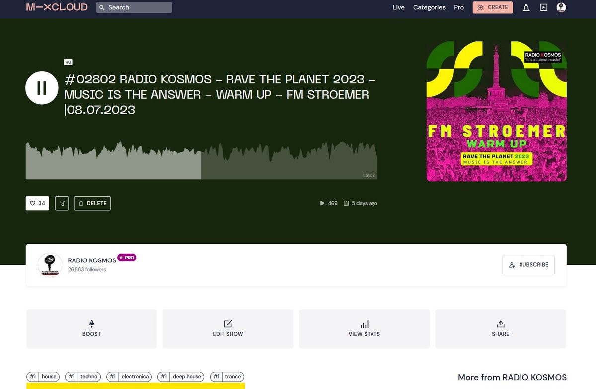 HerzausGold5's tweet photo. Fuck Yeah! FM STROEMER (OFFICIAL) >> 5x PLATZ 1 << Mixcloud Trending Charts 13.07.2023 #02802 RADIO KOSMOS - Rave The Planet 2023 - MUSIC IS THE ANSWER - WARM UP - FM STROEMER |08.07.2023 Thanks all for support us! #mixcloud #trendingchart #djset #ravetheplanet https://t.co/94C6w7oS1v