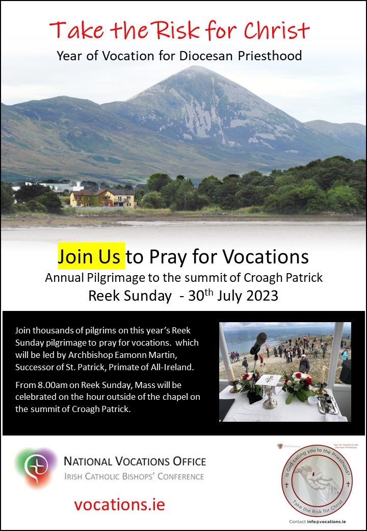 Sunday, the 30th of July will mark a special day for our vocational year as we will embark on our pilgrimage to the summit of Croagh Patrick, all with the intention of vocations to the priesthood. 

#Catholic #Diocesan #priesthood #taketheriskforchrist