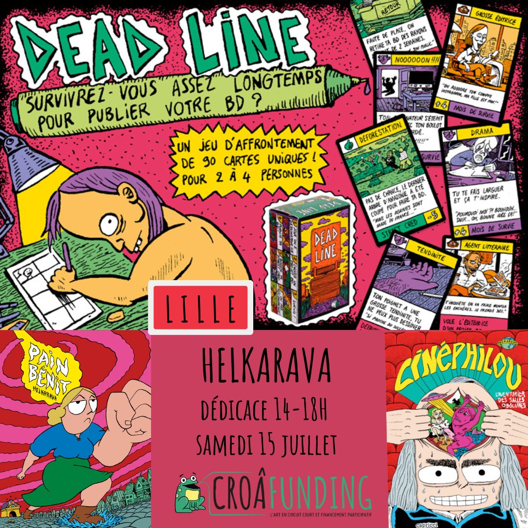 croafunding's tweet photo. Samedi 15 Juillet, nous recevons Helkarava, artiste et concepteur de Deadline, le jeu qui te fait vivre la misérable vie d'un bédéaste.
Ses bd Pain béni et Cinéphilou seront aussi disponibles.
Résa possible (mais pas obligatoire) sur notre site.
#dedicacebd #memepasmal #helkarava https://t.co/ujFLm90JxD