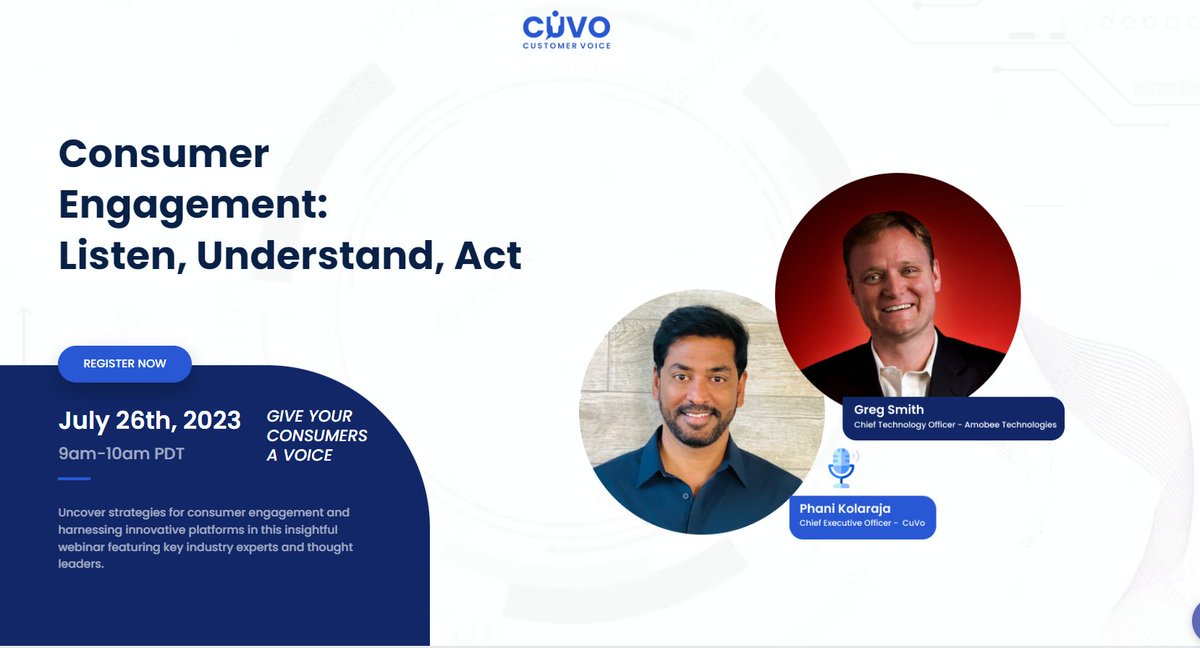 Boost engagement rates with CuVo! 📊 Join us for "Consumer Engagement: Listen, Understand, Act" webinar on July 26th, 9am PDT. Register here 👇 #Consumers #AI hubs.ly/Q01XxDJP0