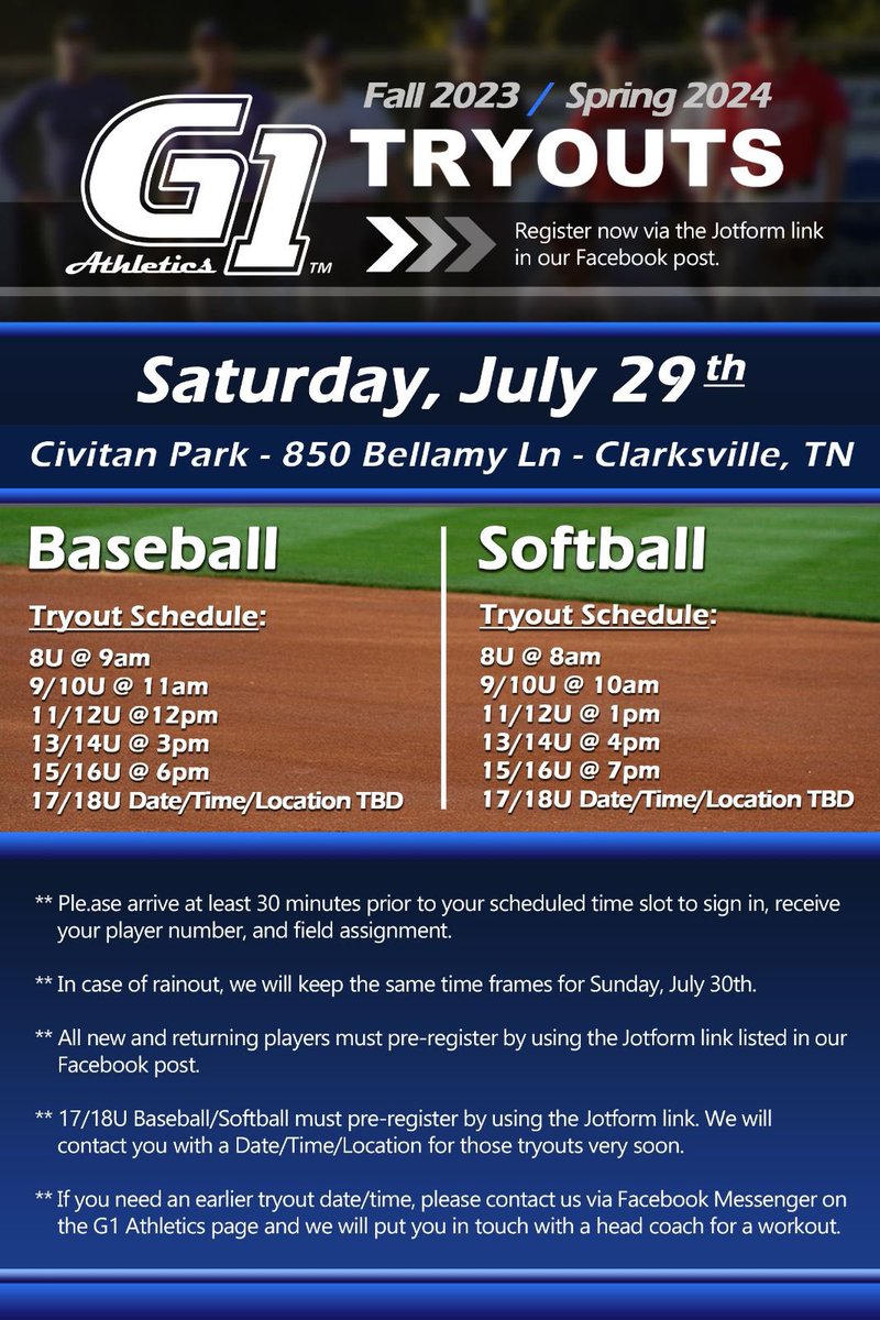 G1AthleticsTN's tweet photo. Please click the link to register. With 100% of our 2023 grads receiving offers to play Collegiately, we are excited for the future!!! #GODFIRST 

https://t.co/XHkkItqsEt https://t.co/NeI9zt0wnd