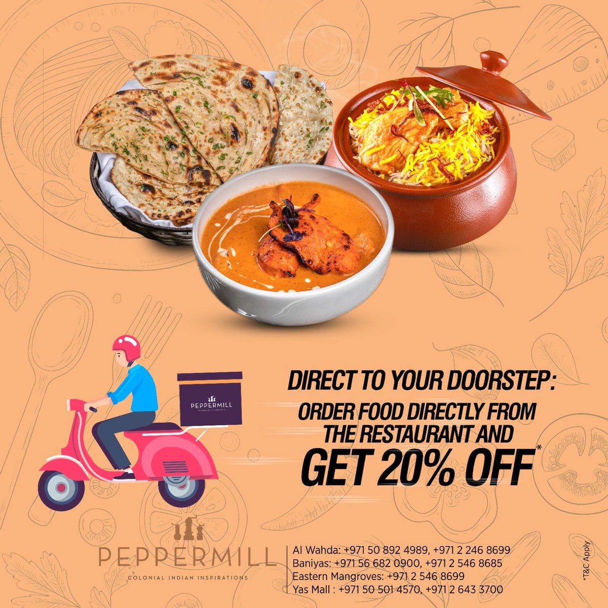 PeppermillUAE's tweet photo. Order directly from us and enjoy a delicious meal from the comfort of your own home! we're offering 20% off all direct orders and delivery straight to your doorstep. Available Locations : AI Wahda, Baniyas, Eastern mangroves and Yas mall #SupportLocal #DirectOrder https://t.co/J5B5ijfImV