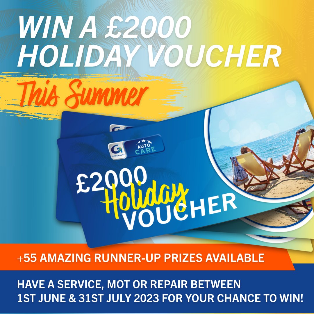 Summer promotion, enter between 1st June and 31st July 2023 to win a free holiday!

All you need to do is book your car in for an MOT or service before the 31st July, and  enter online at www.autocare garages.co.uk  or scan the QR code situated in the office.

Good Luck