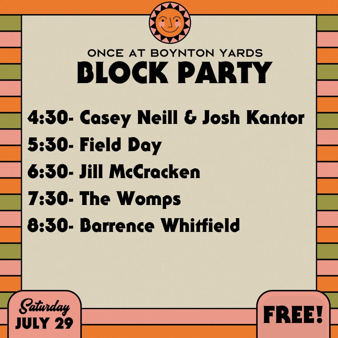 ONCEsomerville's tweet image. The schedule for ONCE x Boynton Yards Block Party is here! Get ready....we're only 16 days out! ☀️  Let us know in the comments who you're most excited to see &amp;amp; don't forget to RSVP for a chance to win 2 tickets to Speedy Ortiz on 9/8!