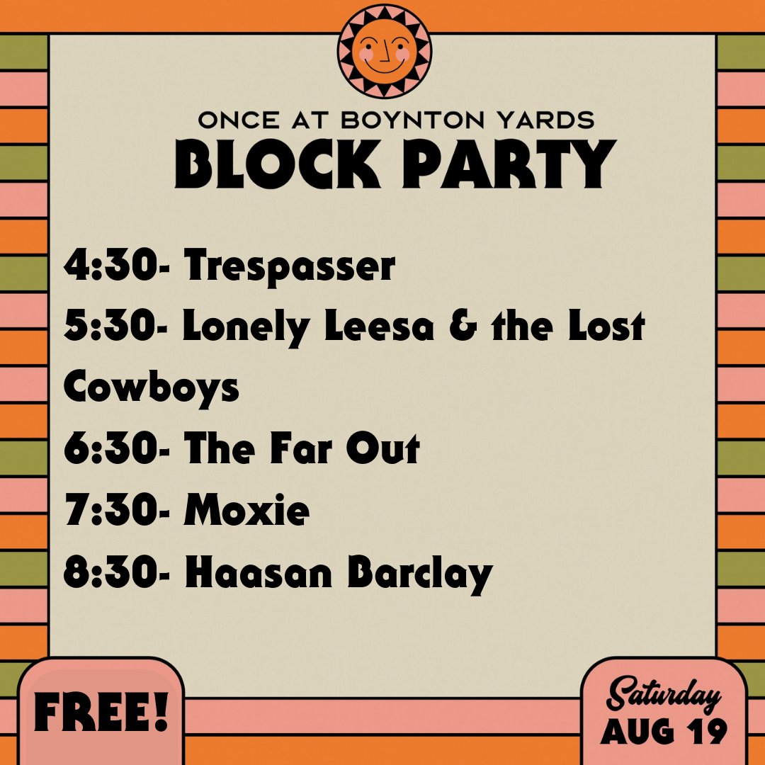 ONCEsomerville's tweet image. The schedule for ONCE x Boynton Yards Block Party is here! Get ready....we're only 16 days out! ☀️  Let us know in the comments who you're most excited to see &amp;amp; don't forget to RSVP for a chance to win 2 tickets to Speedy Ortiz on 9/8!