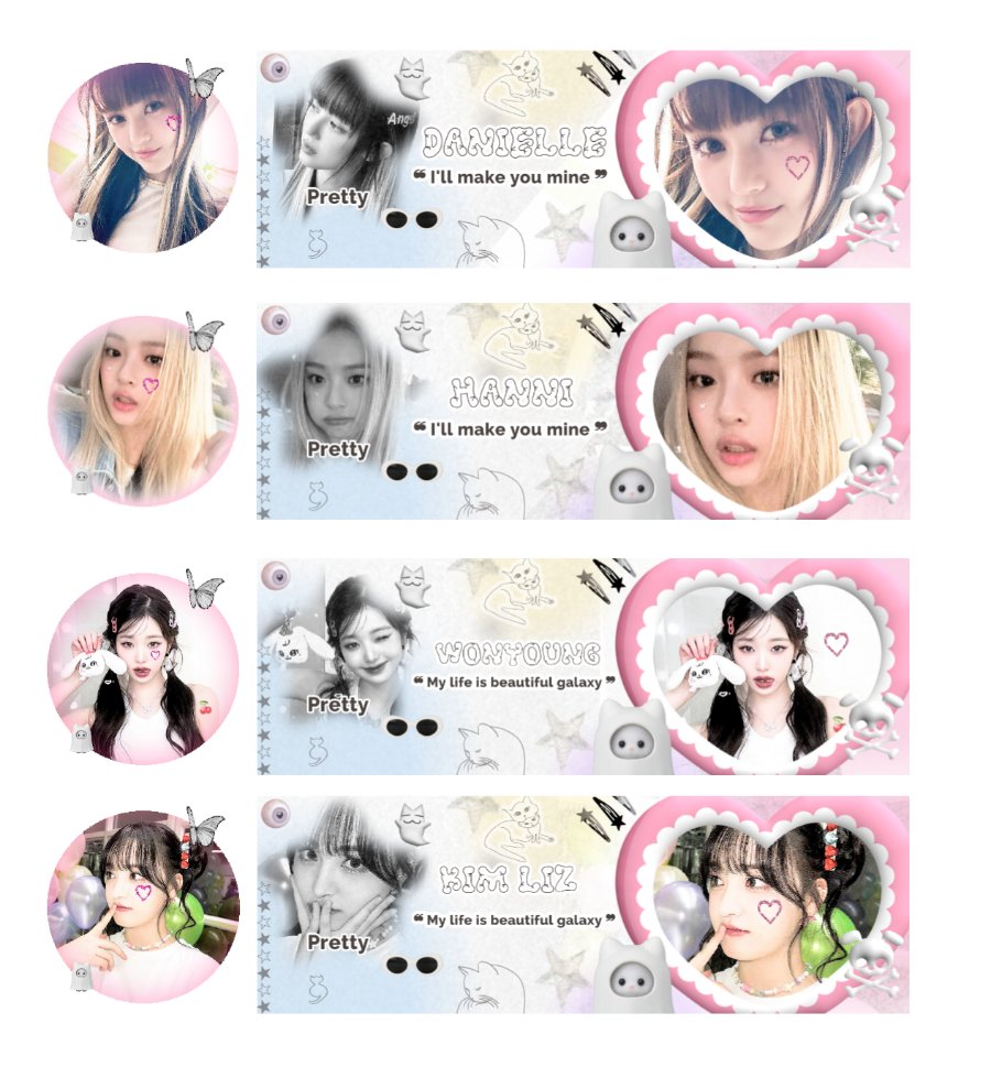 a retweet would be appreciated 🥺

Pantang menyerah meskipun daganganku sebelumnya gak laku (curhat) aku kembali membawa layout ready stock Danielle, Hanni, Wonyoung, dan Liz. Pricenya tetep 3k dapet ava png only 😇❣️

#zonauang #zonajajan