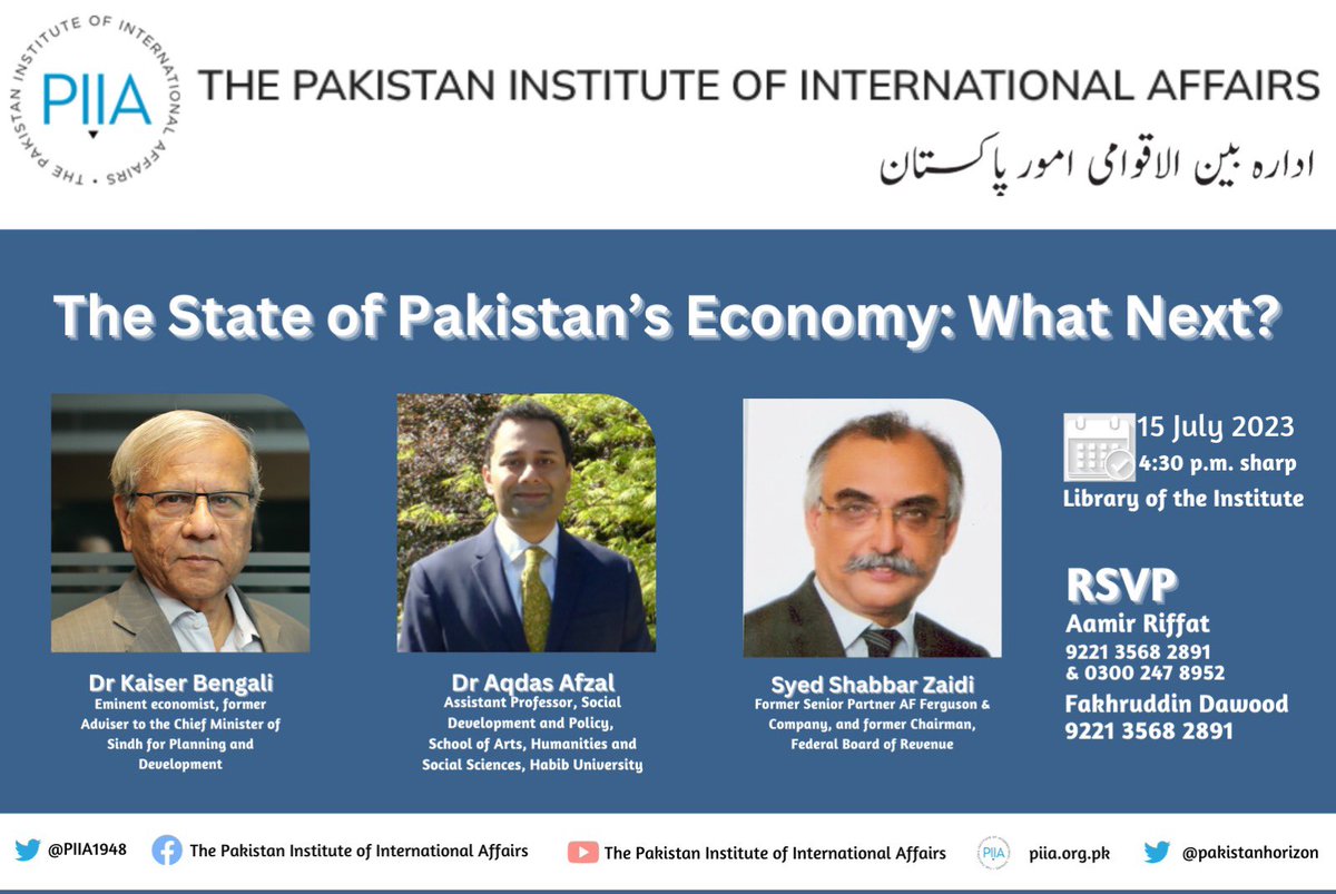 AqdasAfzal's tweet photo. Honored to speak at the historic Pakistan Institute of International Affairs this Sat. 1630 hrs. Respected Dr. Masuma Hasan will chair. Previously, Kissinger, Atlee, Bandaranaike, ZAB &amp; Mohtarma BB have spoken @PIIA1948. Cordial invite to all. @kaiserbengali @SShabbarZaidi https://t.co/dklKKWeIbg