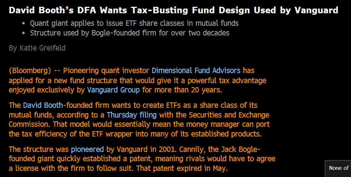 EricBalchunas's tweet photo. WHOA: DFA wants to use Vangaurd's ETF share class structure for its mutual funds, the patent for which recently expired. They filed today for this, story/scoop via @kgreifeld https://t.co/MsGgRW5MfX