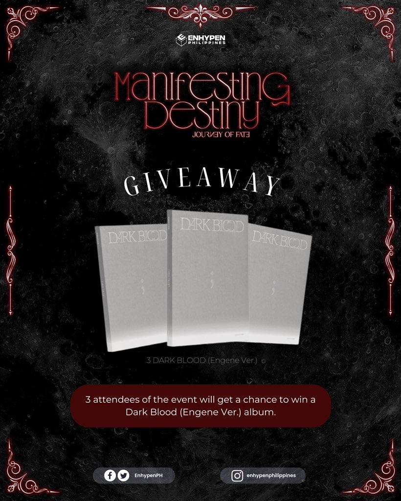 𝐌𝐚𝐧𝐢𝐟𝐞𝐬𝐭𝐢𝐧𝐠 𝐃𝐞𝐬𝐭𝐢𝐧𝐲 𝐆𝐢𝐯𝐞𝐚𝐰𝐚𝐲🎁

All our attendees who are present in our July 28 event will get a chance to win (3) DARK BLOOD (Engene ver.) Album🙌

📆 July 28 at 2:00 PM - 4:00 PM
📍 KCC Philippines (Taguig City)

Register here:
🖇️