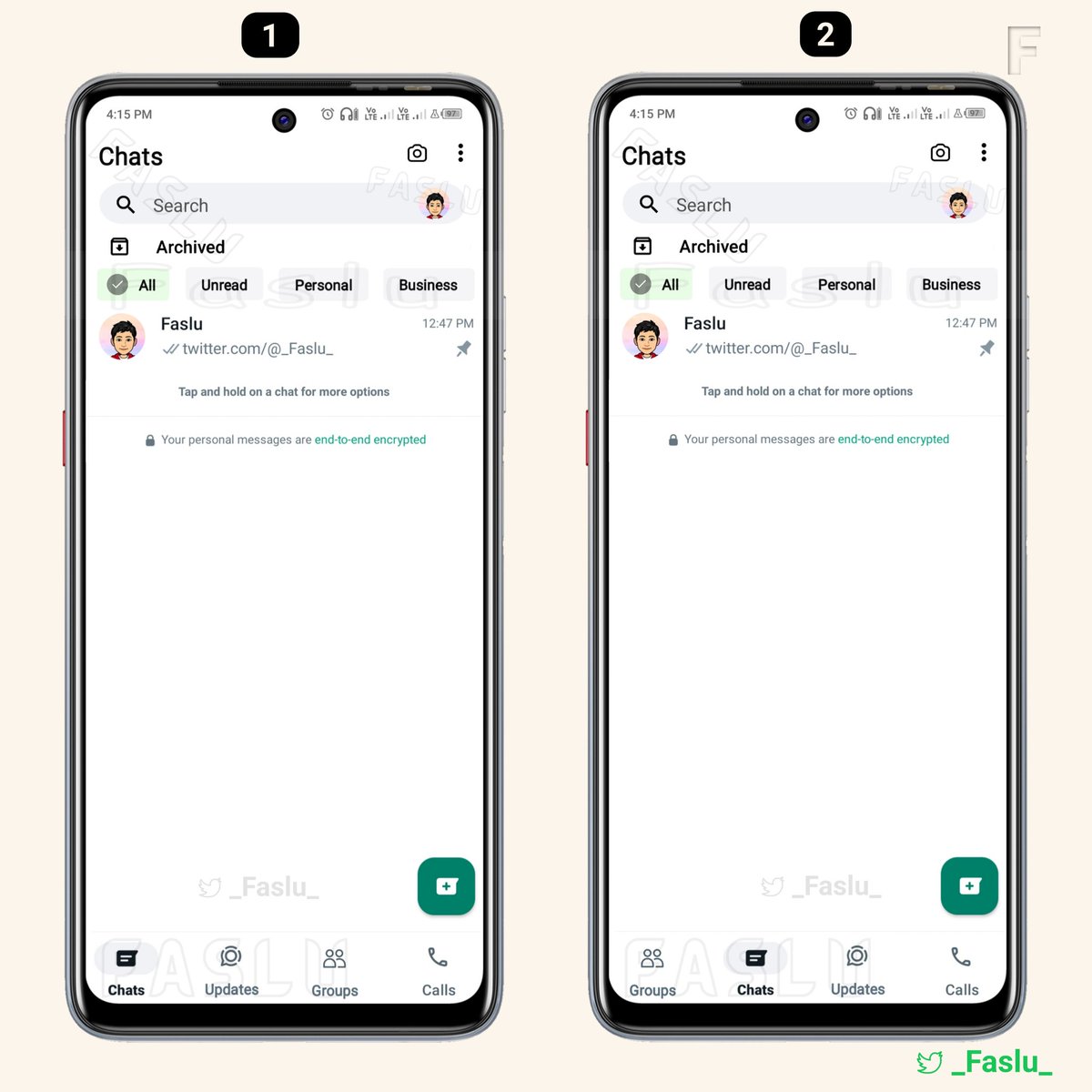 Faslu_35's tweet photo. Redesigned action bar with Filter chat list.
Settings shortcut and Filter chat list is under development.
1. Can get Updates tab with a single left swipe.
2. Can get the Groups tab with a single left swipe and the Updates tab with a single right swipe.
#WhatsApp #Concept17 https://t.co/1BDAON6kms