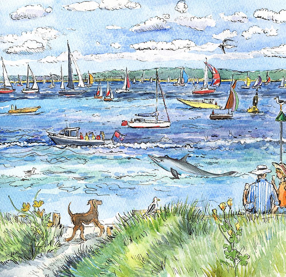 MariaWardArtist's tweet photo. Whilst I was having  bit of a battle with the open studio bunting on the roof of Fort Victoria in gale force winds I heard cries of "dolphin".
It took a while but I spotted them.
I am sharing the Corner room gallery space with Boris Moscoff again.
Open from the 14-23 July 10 - 4 https://t.co/9LxcKSgApD