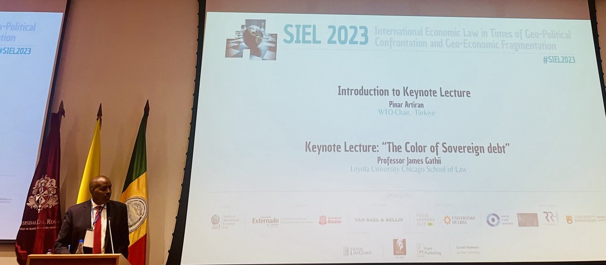 LChoukroune's tweet photo. Prof @JTGathii giving a fascinating key note @sielnet 2023 on how financial domination is still race related and illustrated yet again with the #SovereignDebtCrisis. Time for change! Most of the world is still subjugated! @SaielnIndia @DC_UoP https://t.co/XdYpmhT7cm