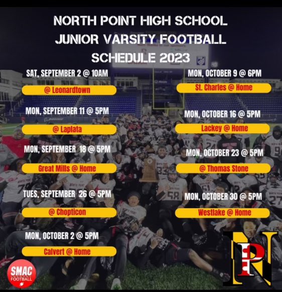 np_footballmmc's tweet photo. Our 2023 Football schedule both Varsity and JV! Would love to see everyone at ALL games, thank you all for your support! #MMC #NPNATION https://t.co/cyW4CAR0N5
