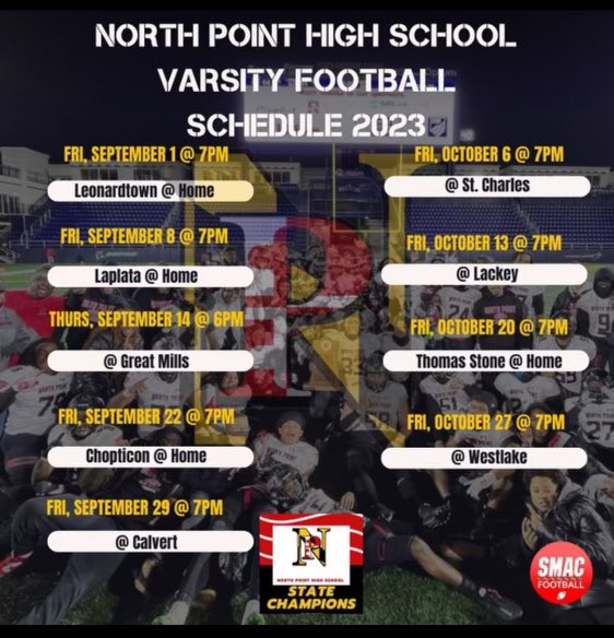 np_footballmmc's tweet photo. Our 2023 Football schedule both Varsity and JV! Would love to see everyone at ALL games, thank you all for your support! #MMC #NPNATION https://t.co/cyW4CAR0N5
