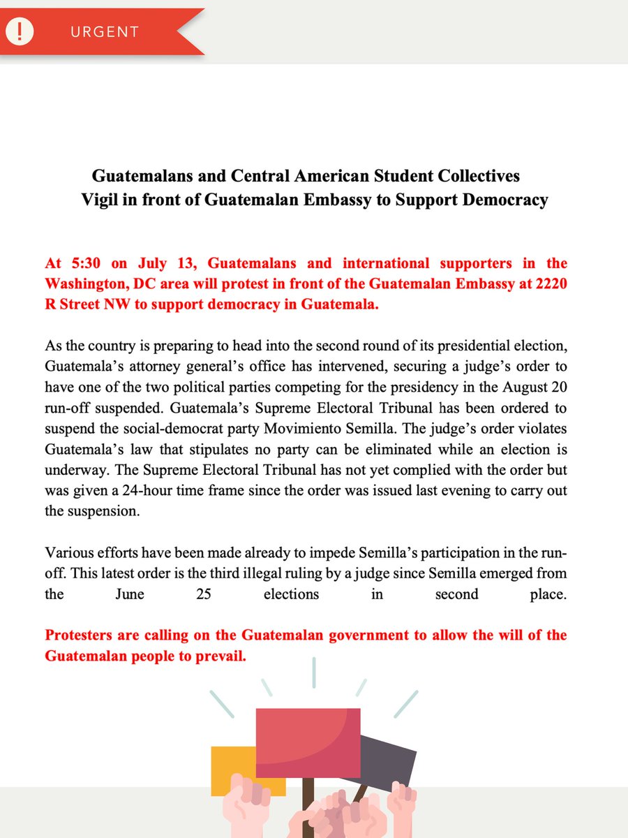 GHRCUSA's tweet image. Demonstration to #SupportDemocracy! Join us #TODAY at 5:30 pm in front of the #Guatemalanembassy #WashigtonDC Together with a network of Guatemalan citizens, we are calling on Guatemala to allow the will of the people to prevail. 

#guatemala #elections #semilla #justice