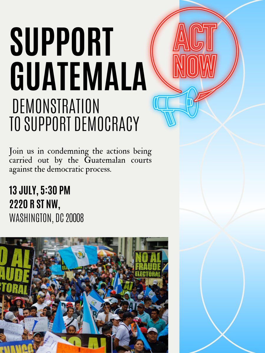 GHRCUSA's tweet image. Demonstration to #SupportDemocracy! Join us #TODAY at 5:30 pm in front of the #Guatemalanembassy #WashigtonDC Together with a network of Guatemalan citizens, we are calling on Guatemala to allow the will of the people to prevail. 

#guatemala #elections #semilla #justice