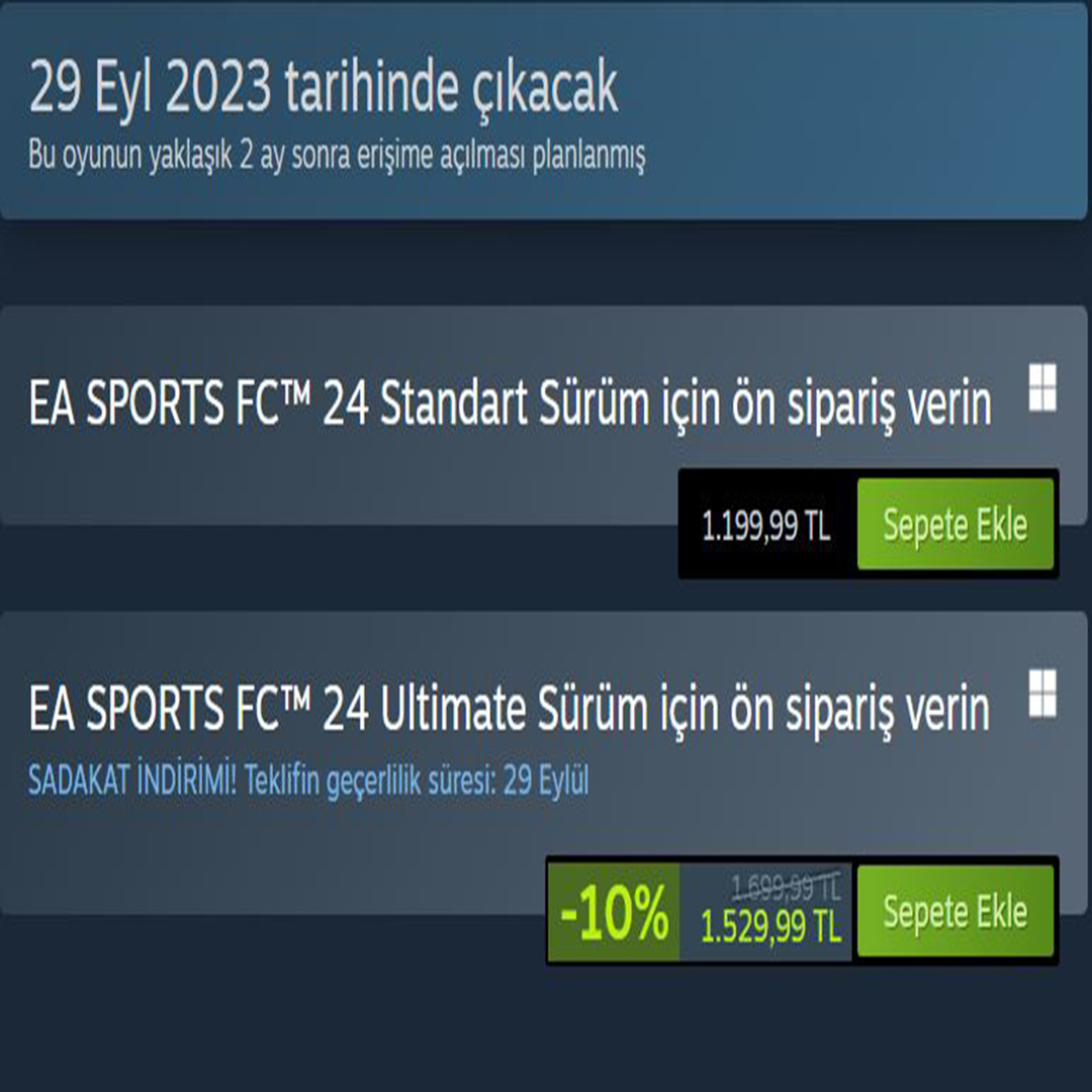 technoyunweb's tweet photo. FIFA ile lisans anlaşması bittikten sonra oyunun isimini EA SPORTS FC olarak değiştiren EA yeni fifa oyununu ön siparişe sundu.

Oyununun ön sipariş fiyatı Türkiye'de 1.199 TL olarak belirlendi.

Oyun 29 Eylül 2023'de satın alanların erişimine açılacak.

#ea #oyun #EASportsFC24 https://t.co/vZsoh8pgFJ
