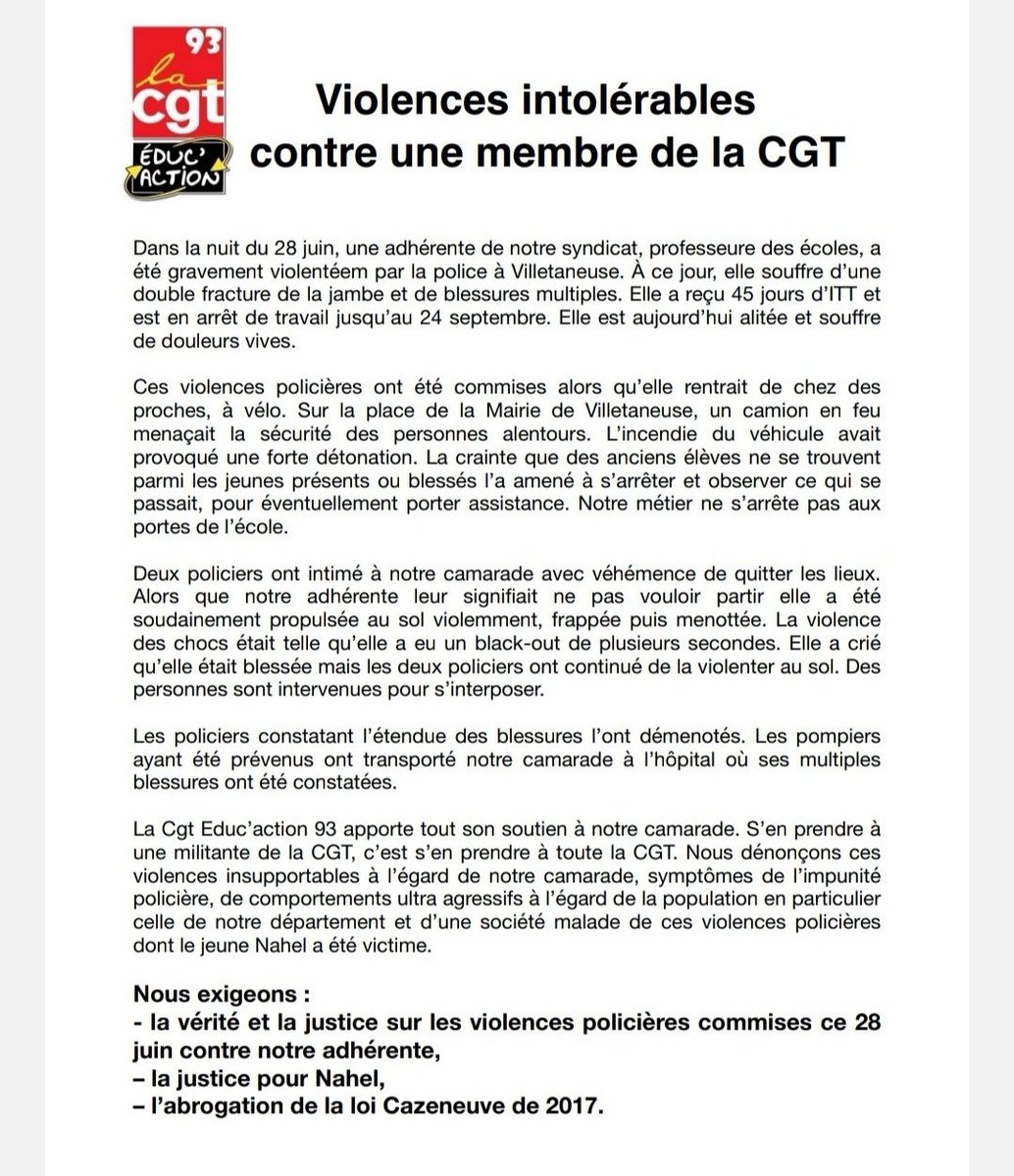 rapportsdeforce's tweet photo. 🔴 45 JOURS !!!

45 JOURS D'ITT pour une enseignante militante de la CGT frappée par des policiers. https://t.co/ibp9a7K78s