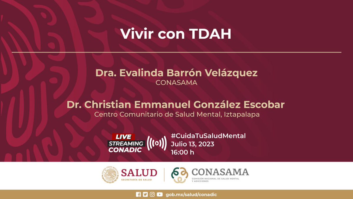 conasamamx's tweet photo. Hoy, 13 de julio, se conmemora el Día Internacional del Trastorno por Déficit de Atención e Hiperactividad.

Acompáñanos en el programa #CuidaTuSaludMental.

📌FB Live: Vivir con TDAH, participan la @DraEvalinda, CONASAMA y Dr. Christian González, CECOSAME, Iztapalapa.
🕓 16:00 https://t.co/7HHbK9uwcy