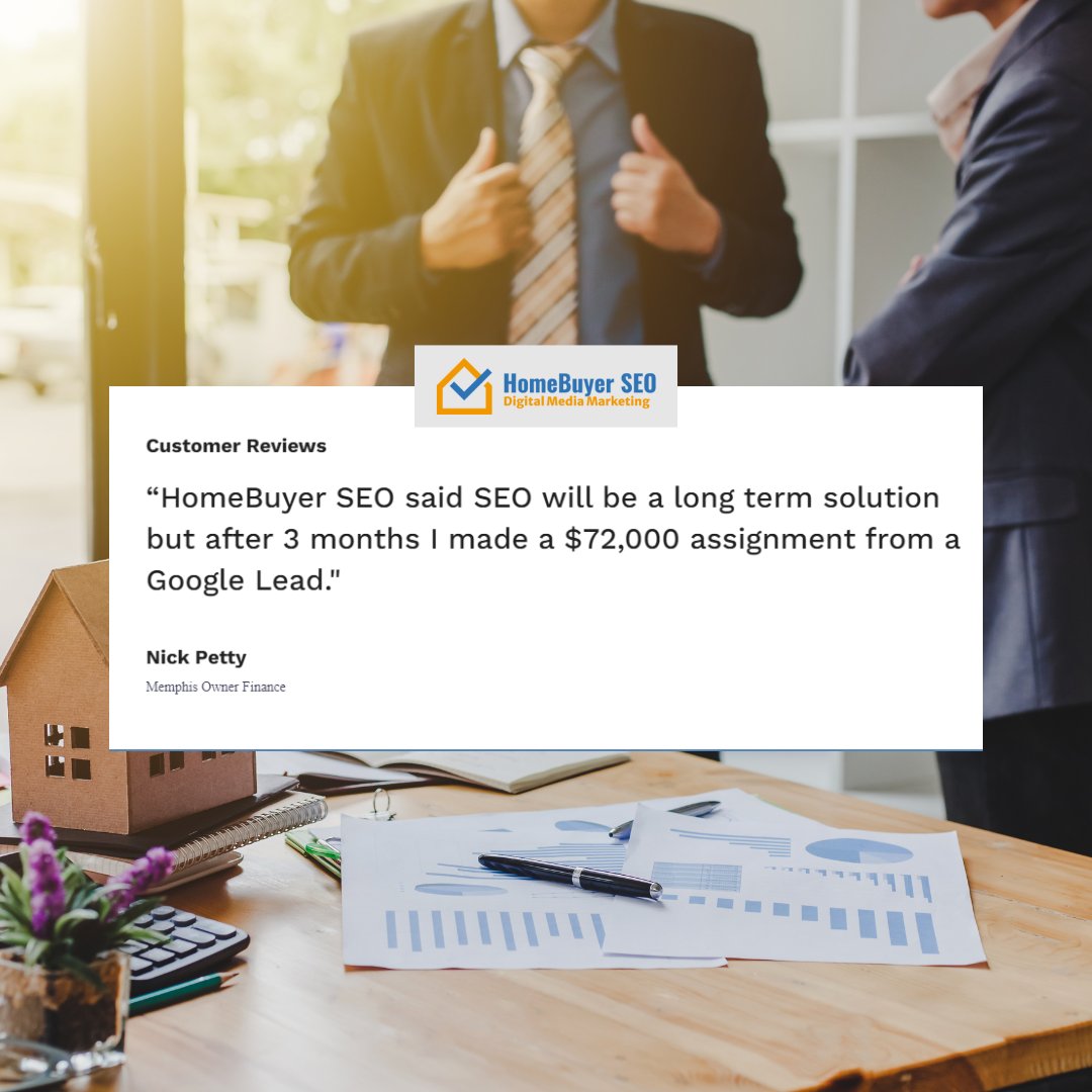 HomeBuyerSeo's tweet photo. Unlocking Success with HomeBuyer SEO: See What Our Clients Have to Say! learn more by scheduling a demo! 
Click the link below:
https://t.co/LkvzOtCF84
#homebuying #investors #wholesaler #leadgeneration https://t.co/LRjW5QnKND