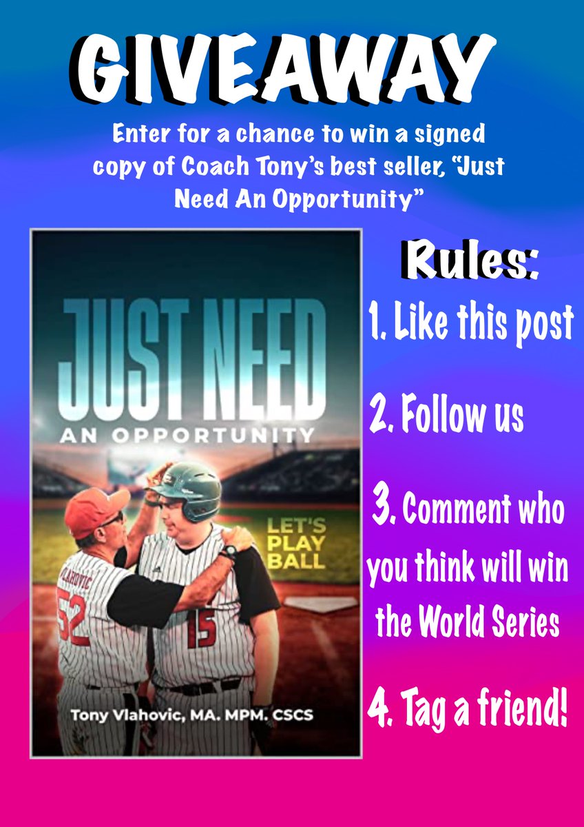 Enter for a chance to win a signed copy of Coach Tony‘s book, “Just Need An Opportunity”📖

The rules are simple!
1️⃣. Like this post
2️⃣. Follow <a href="/base_able/">BaseABLE</a>
3️⃣. Comment who you think will win the #WorldSeries
4️⃣. Tag a friend

That’s all folks! Winners picked July 20, Good Luck!