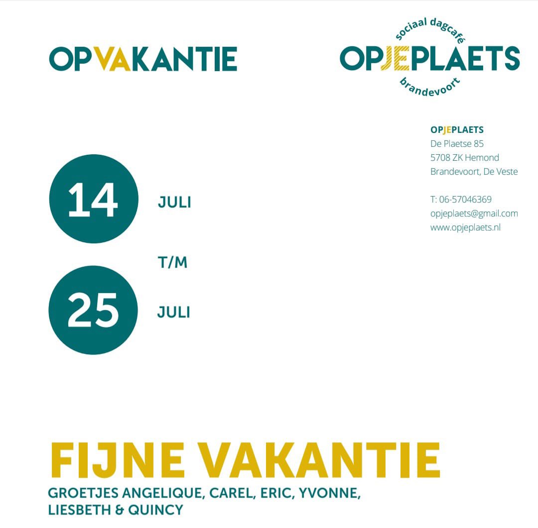 Vanaf morgen 14 juli zijn wij op vakantie #opjeplaets #brandevoort #fijnevakantie