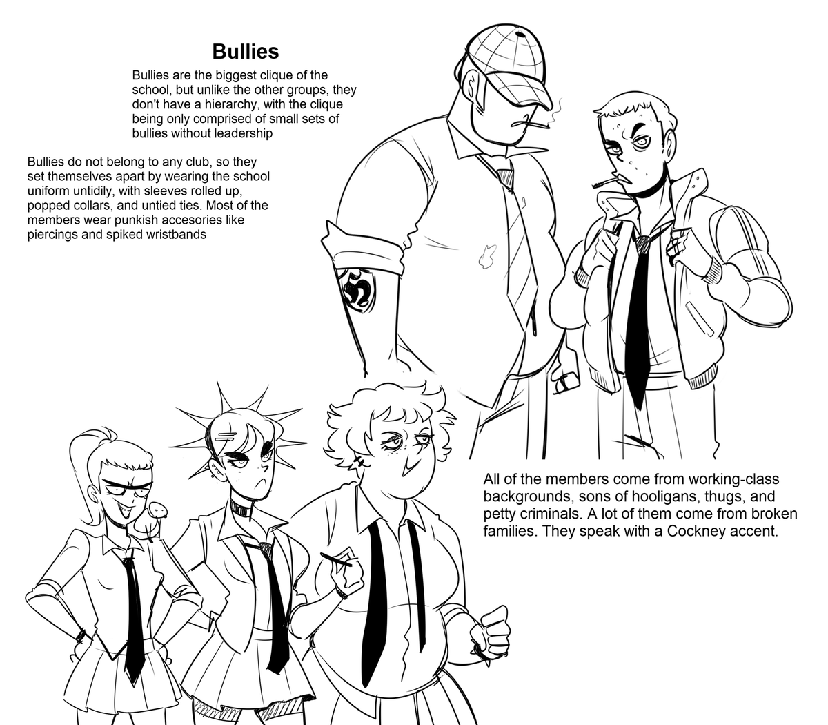HellOnEarthIII's tweet photo. I kinda want to expand on the bully-inspired ''St. Denis'' comic some more. Here are some quick infos on cliques I got ( I didn't get to do the Jocks because I still don't have ideas for it) 

also I'll be taking a break due to traveling reasons https://t.co/MD4E2CNlwq