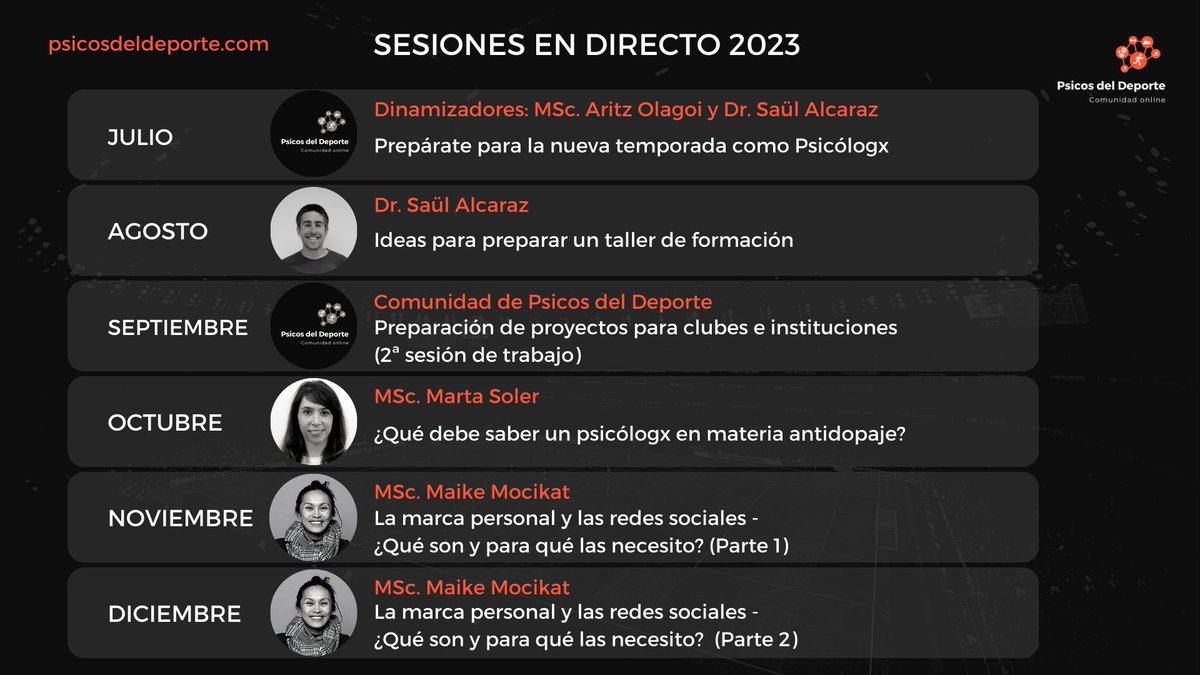📣¡Os avanzamos el calendario de sesiones en directo d Psicos del Deporte para los meses de Julio-Diciembre 2023! 

✅Sesiones sobre marketing
✅Sesiones práctica aplicada
✅Sesiones trabajo

Para disfrutarlas todas, súmate a la Comunidad psicosdeldeporte.com

¡Agradecemos RT!