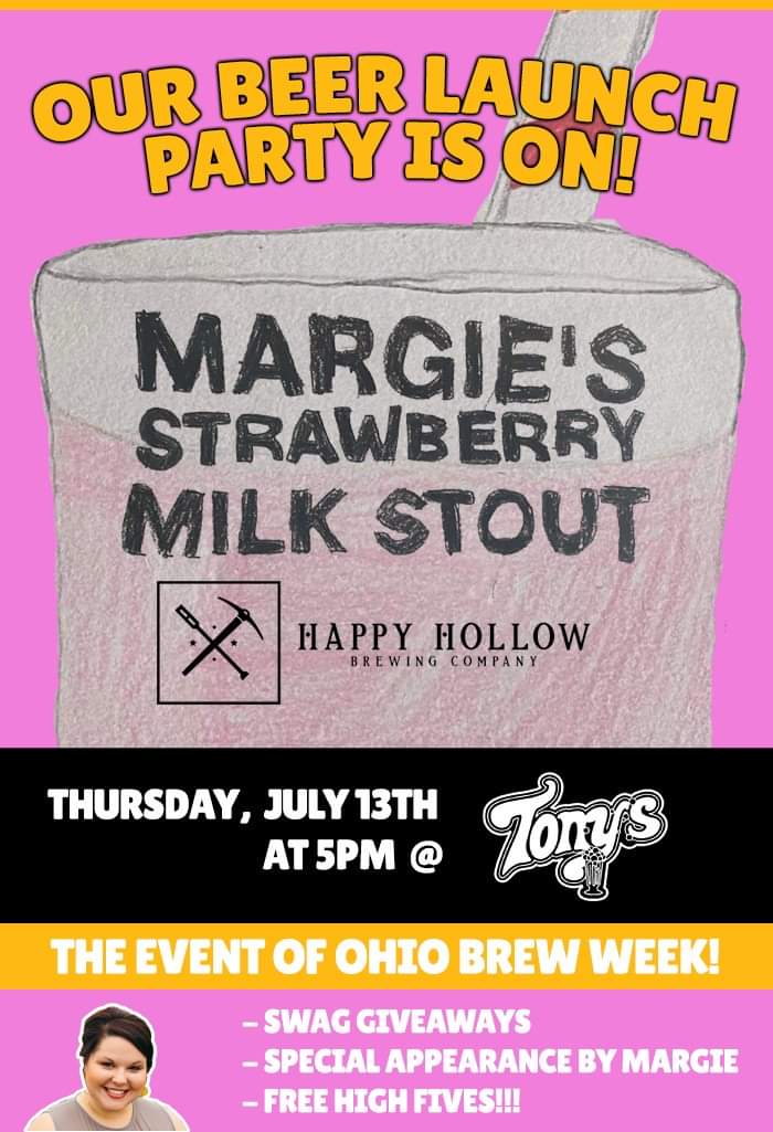 Tonystavern's tweet photo. Today's the day, folks! The official reveal of Margie's Strawberry Milk Stout, brewed by Happy Hollow Brewing Company! Keg tapping at 5pm! Come meet the Brewer and get your swag from Margie's Meatloaf Mecca, the legend that inspired the beer! https://t.co/jOLeF9TEIm