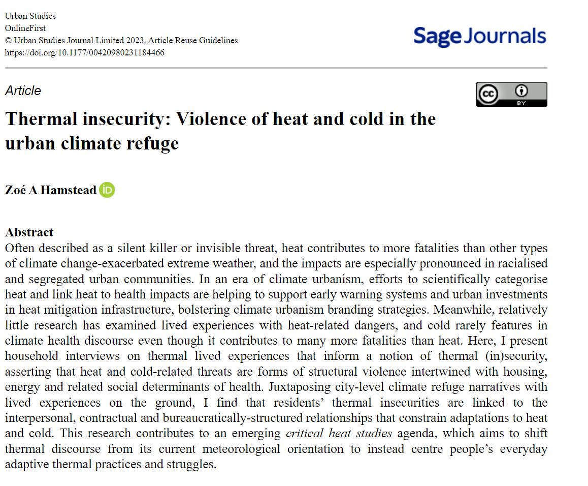 zoe_hamstead's tweet photo. My new paper on Thermal Insecurity just dropped @USJ_online  It shows how the politics of heat and cold play out in everyday practices and relationships https://t.co/VdeGbH7Rau