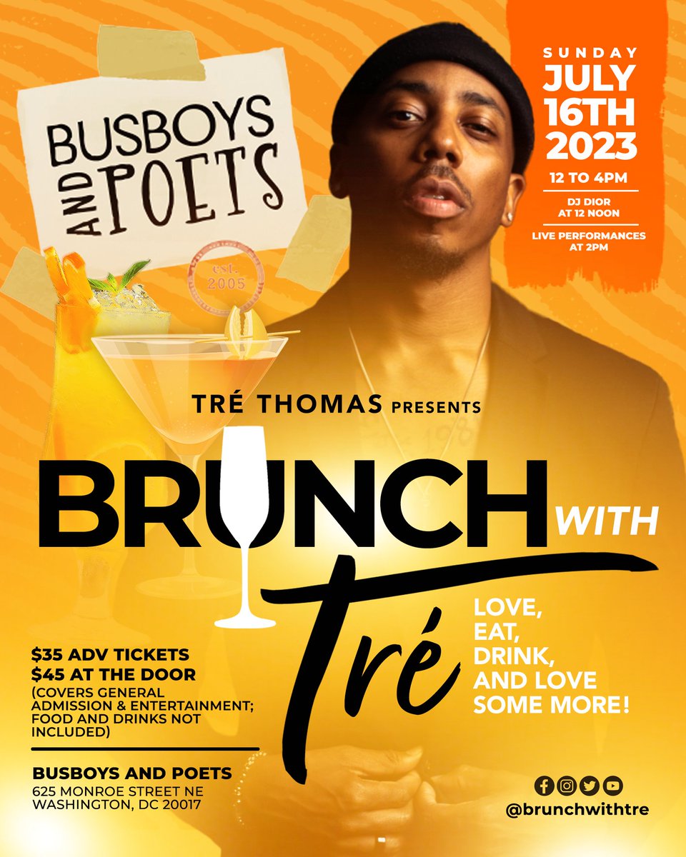 TreSlim's tweet photo. Join us THIS SUNDAY for BRUNCH WITH TRÉ at Busboys and Poets (625 Monroe Street NE DC) from 12 to 4 p.m.!! Ticket link: https://t.co/gZjHiI2RVL 

#trethomaspresents #brunchwithtre #liveband #livemusic #liveperformances #BusboysandPoets #notyouraveragebrunch #dcbrunch #july16 https://t.co/GXqv1dPI6M
