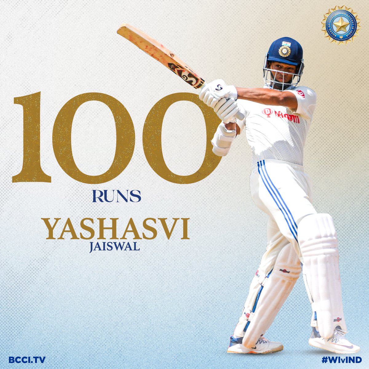 BCCI's tweet image. Oh YEShasvi! 👏 👏

A HUNDRED on debut! 💯

What a special knock this has been! 🙌🙌

Follow the match ▶️ bit.ly/WIvIND-1STTEST…

#TeamIndia | #WIvIND | @ybj_19