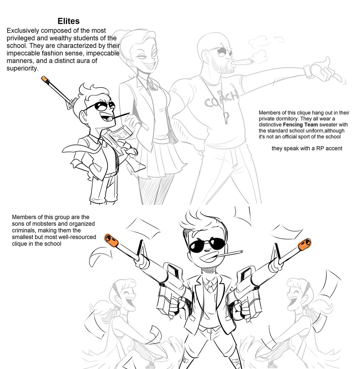 HellOnEarthIII's tweet photo. I kinda want to expand on the bully-inspired ''St. Denis'' comic some more. Here are some quick infos on cliques I got ( I didn't get to do the Jocks because I still don't have ideas for it) 

also I'll be taking a break due to traveling reasons https://t.co/MD4E2CNlwq