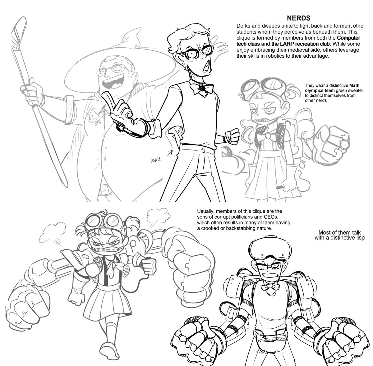 HellOnEarthIII's tweet photo. I kinda want to expand on the bully-inspired ''St. Denis'' comic some more. Here are some quick infos on cliques I got ( I didn't get to do the Jocks because I still don't have ideas for it) 

also I'll be taking a break due to traveling reasons https://t.co/MD4E2CNlwq