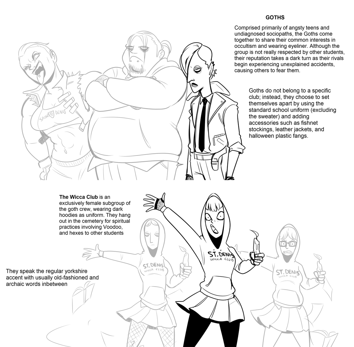 HellOnEarthIII's tweet photo. I kinda want to expand on the bully-inspired ''St. Denis'' comic some more. Here are some quick infos on cliques I got ( I didn't get to do the Jocks because I still don't have ideas for it) 

also I'll be taking a break due to traveling reasons https://t.co/MD4E2CNlwq