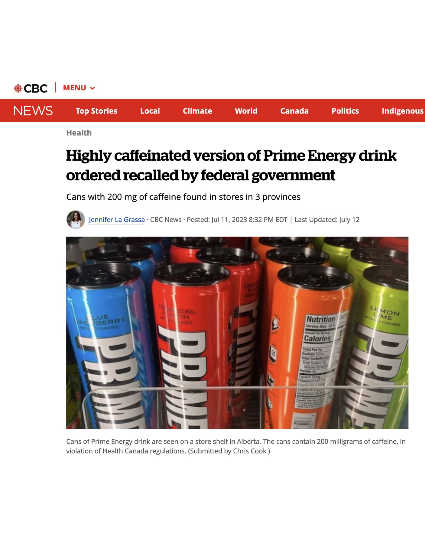 Highly caffeinated version of Prime Energy drink ordered recalled by  federal government