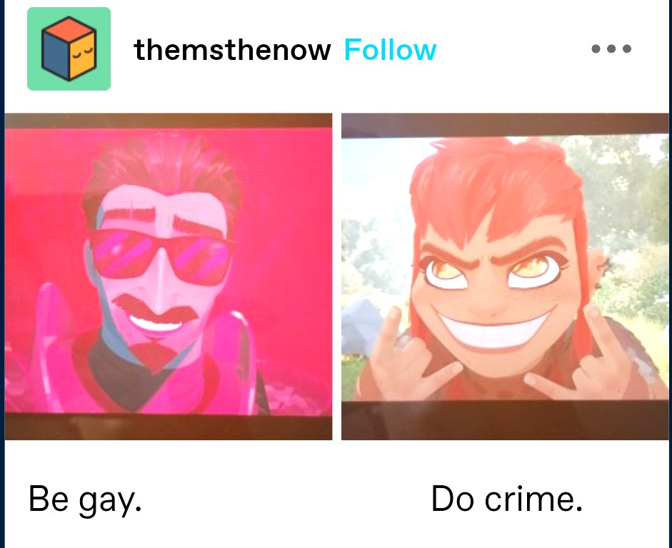 grinninghazard's tweet photo. Eat hot chip.
#BeGay #DoCrime #Nimona https://t.co/0v4KWXSIM2