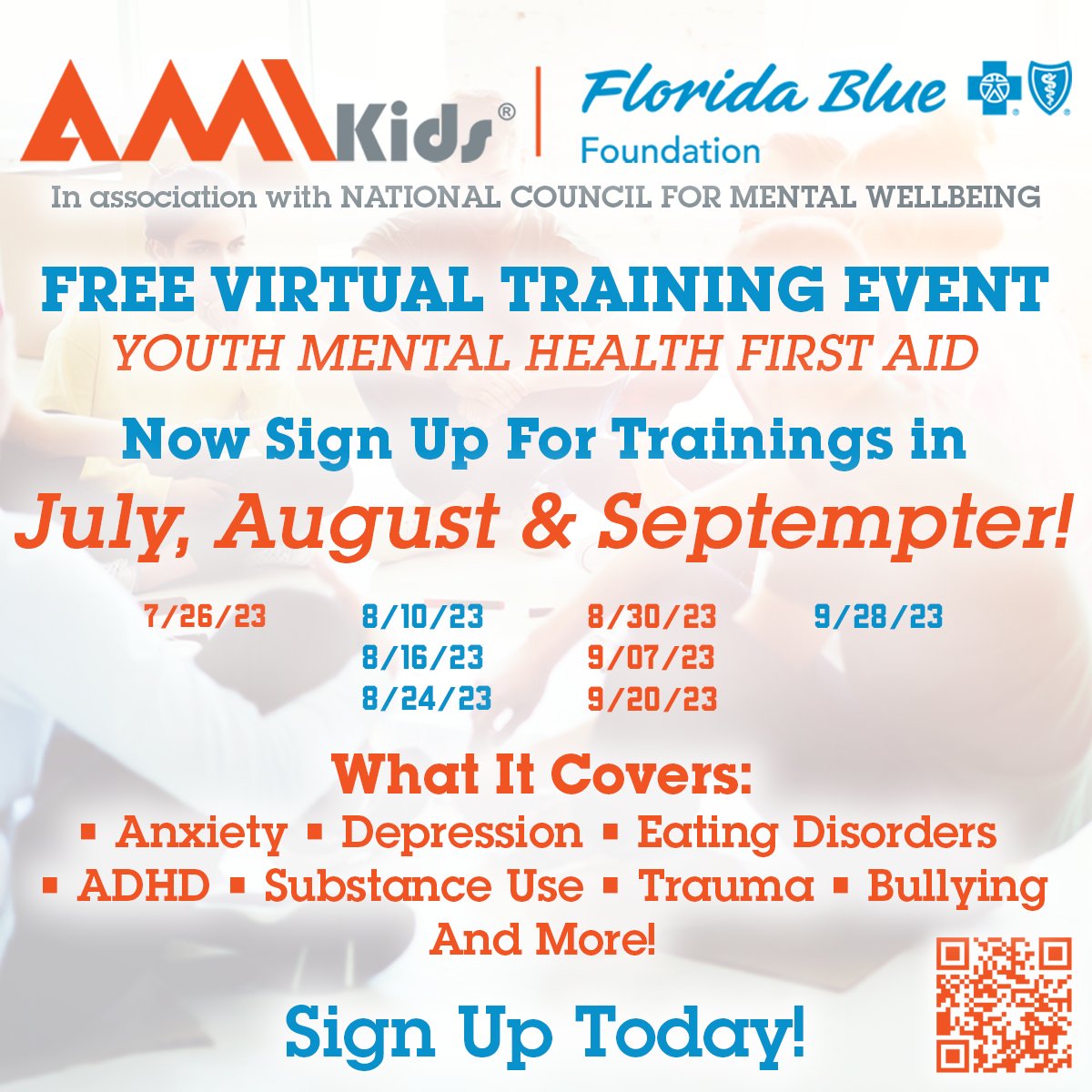 Don't miss your chance to take part in the life-changing opportunity of #YMHFA training! We've partnered with <a href="/FLBlue/">Florida Blue</a> to provide FREE virtual #preventative #youth #mentalhealth #education nationwide.

Sign up today! 
surveymonkey.com/r/YMHFA2023

#MentalHealthMatters