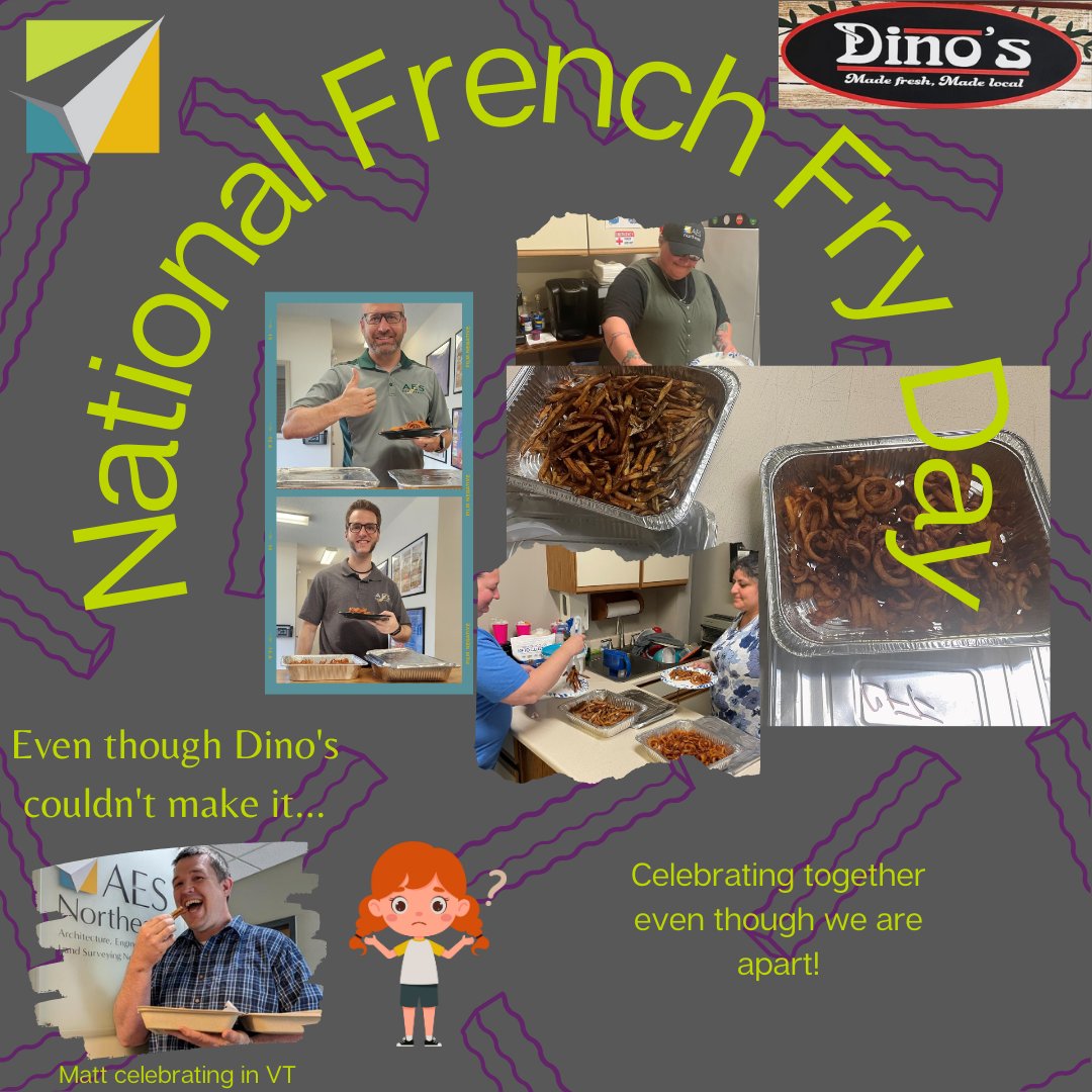 AES Northeast is celebrating National French Fry day in style with Dinos Pizza. Dino’s delivered to both offices in Plattsburgh a sample of their curly fries and their homemade fries. 

#AESNortheast #DinosPizza #NationalFrenchFryDay #SmallBusinessCommunity