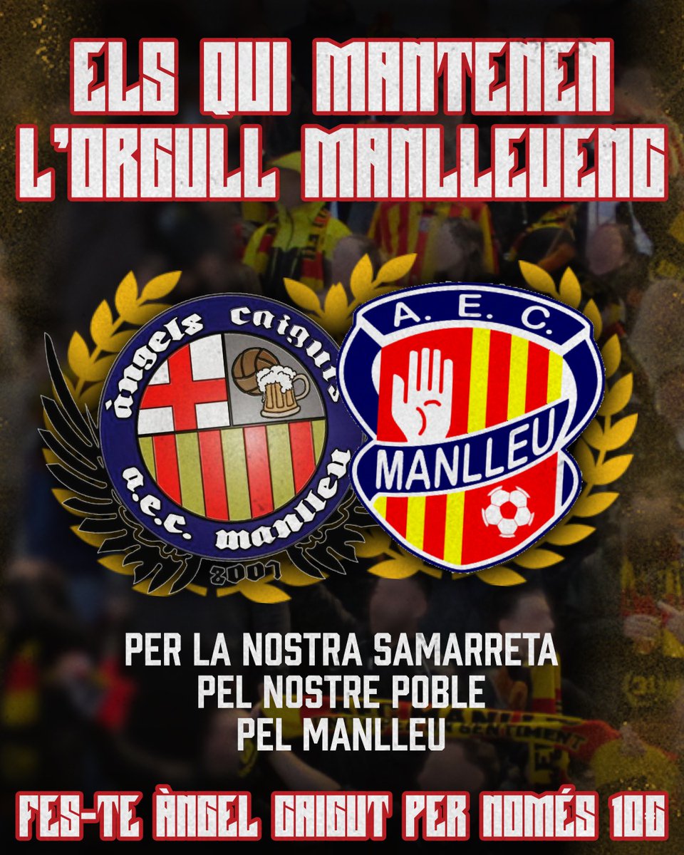 angelscaiguts07's tweet photo. 🔴CAMPANYA DE SOCIS 23/24🟡

Futbol popular, amics i coneguts defensant la senyera a la gespa i la il•lusió de tornar el Manlleu allà on es mereix en el millor ambient.

No t'ho pensis, fes-te dels Àngels per 10€ i tornem a fer del Municipal el millor camp de la comarca. ✊️🍻 https://t.co/QoSoaWWoPW