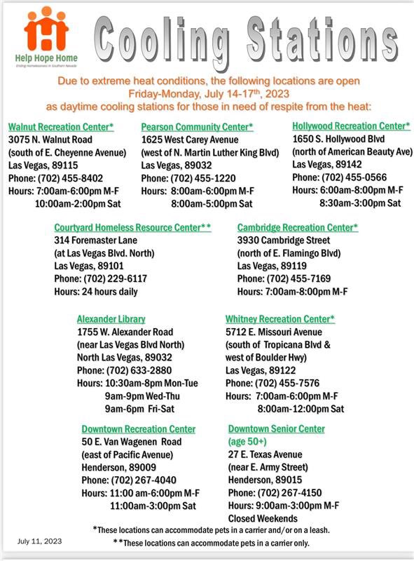 LVMPDBAC's tweet photo. Due to extreme weather conditions, Cooling Stations offering those in need respite from the heat will open Friday - Monday, July 14 - 17. See flyer for times, locations and further information. Please share with someone who could benefit!
#BoldenPride #BACBestAreaCommand #LVMPD https://t.co/LpkaiUBgBD