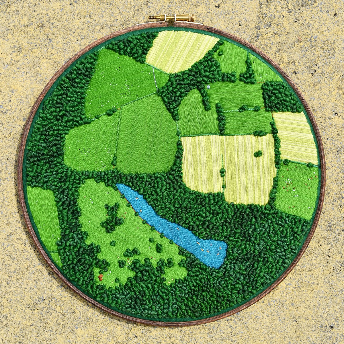 'A perfect summer's day for a swim' - zoom in to see the kayakers and animals! I love doing landscapes like this with the tiny details added, I think it gives them more life :) this lake aerial embroidery is now available here: https://t.co/JN31zpIwcm #handmade #artist https://t.co/zdu24oqzBD