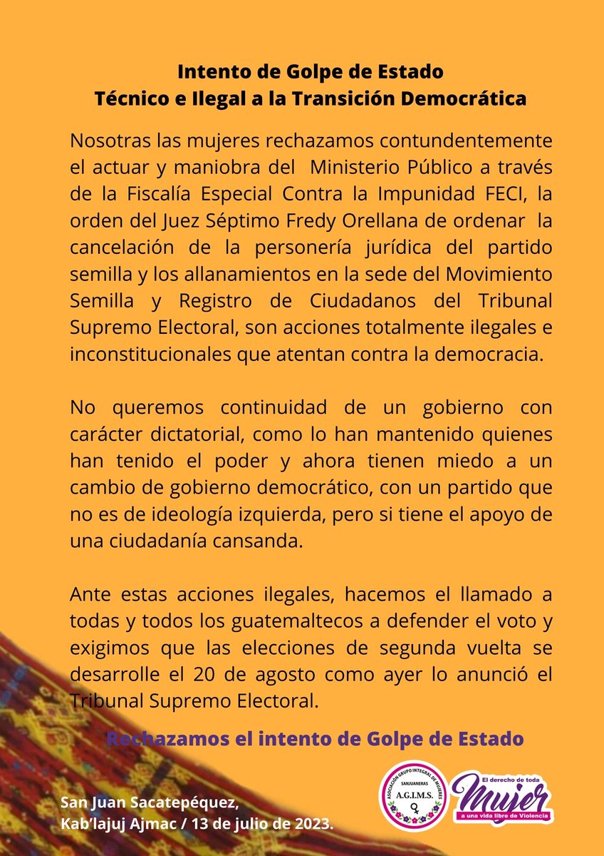 AGIMSsanjuansac's tweet photo. #AGIMS Rechaza el intento de Golpe de Estado generado por quienes tienen miedo a un cambio de gobierno y han provocado inestabilidad en el proceso electoral.
Nosotras las mujeres defendemos el voto ciudadano y exigimos que se celebre la segunda vuelta el 20 de agosto. https://t.co/cCtFWpcEmX