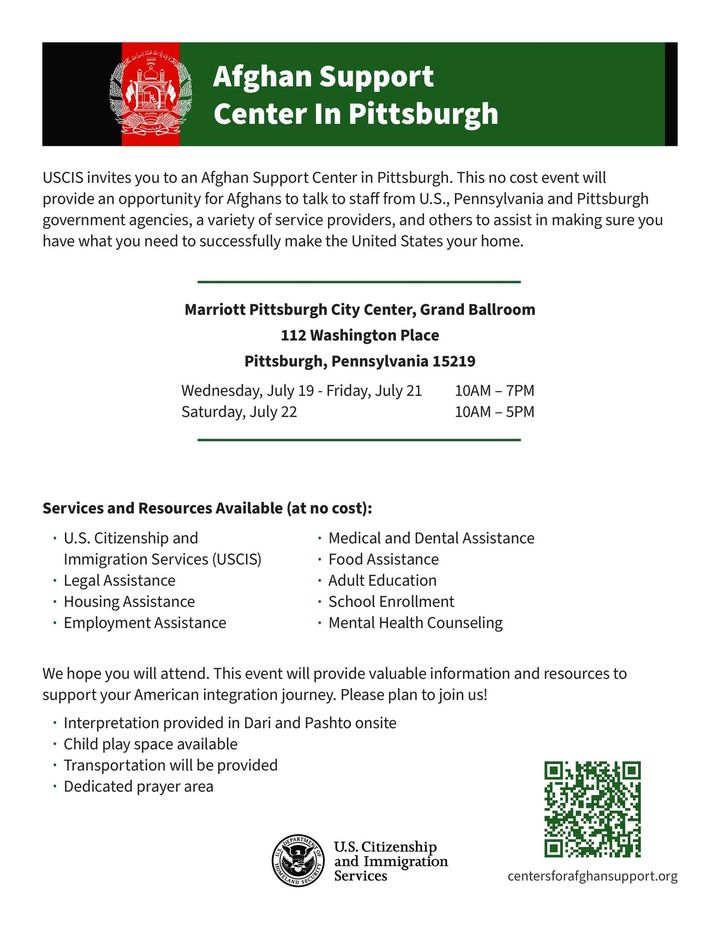 JFCSPgh's tweet image. After evacuating Afghanistan, families struggled through uncertain pathways to lawful permanent US residency. Next week - USCIS is hosting a county-wide Afghan Support Event at the Marriott Pittsburgh with immediate assistance for Afghans! We'll be there to support our clients!